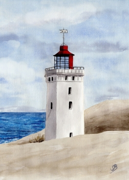 Poster DIN-A4  Aquarell Maritim Kunst Druck Kunstdruck Nordsee Dänemark Danmark Leuchtturm Rubjerg Knude Düne Blokhus Lokken Sonnenuntergang